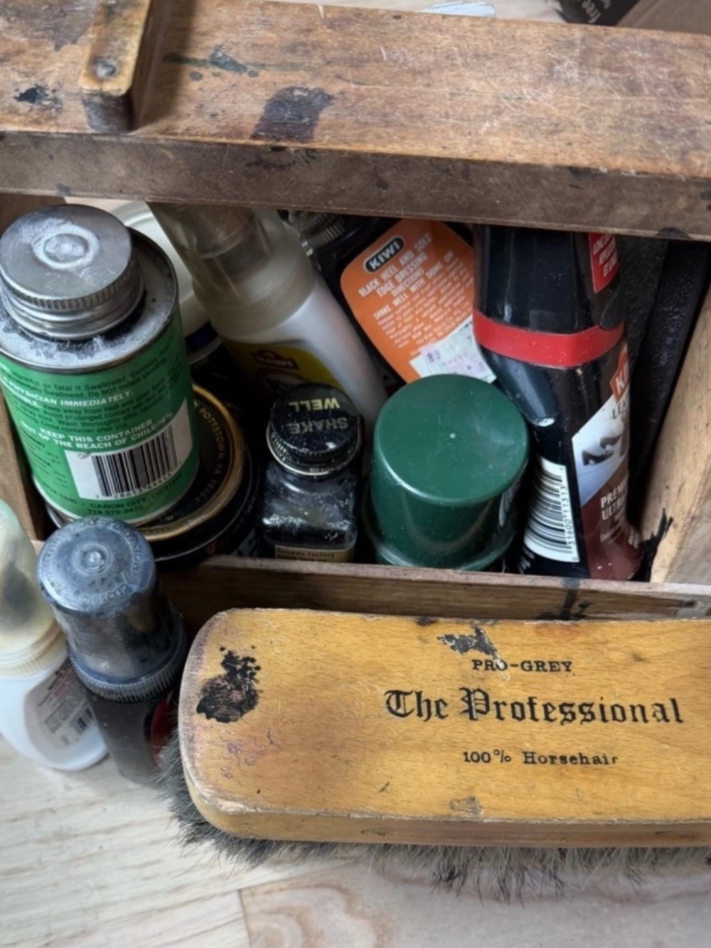 Vintage Wooden Shoe Shine Box Lot Kiwi Leather Care Polish Brushes Estate Find